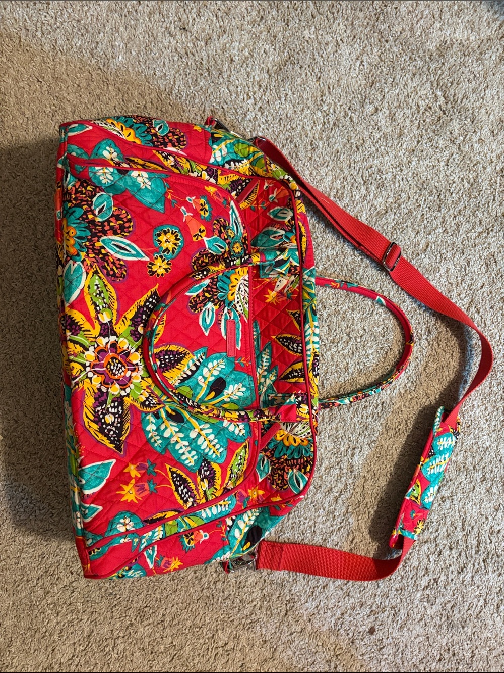 Vera Bradley Red Floral Quilted Travel Bag with Turquoise Accents